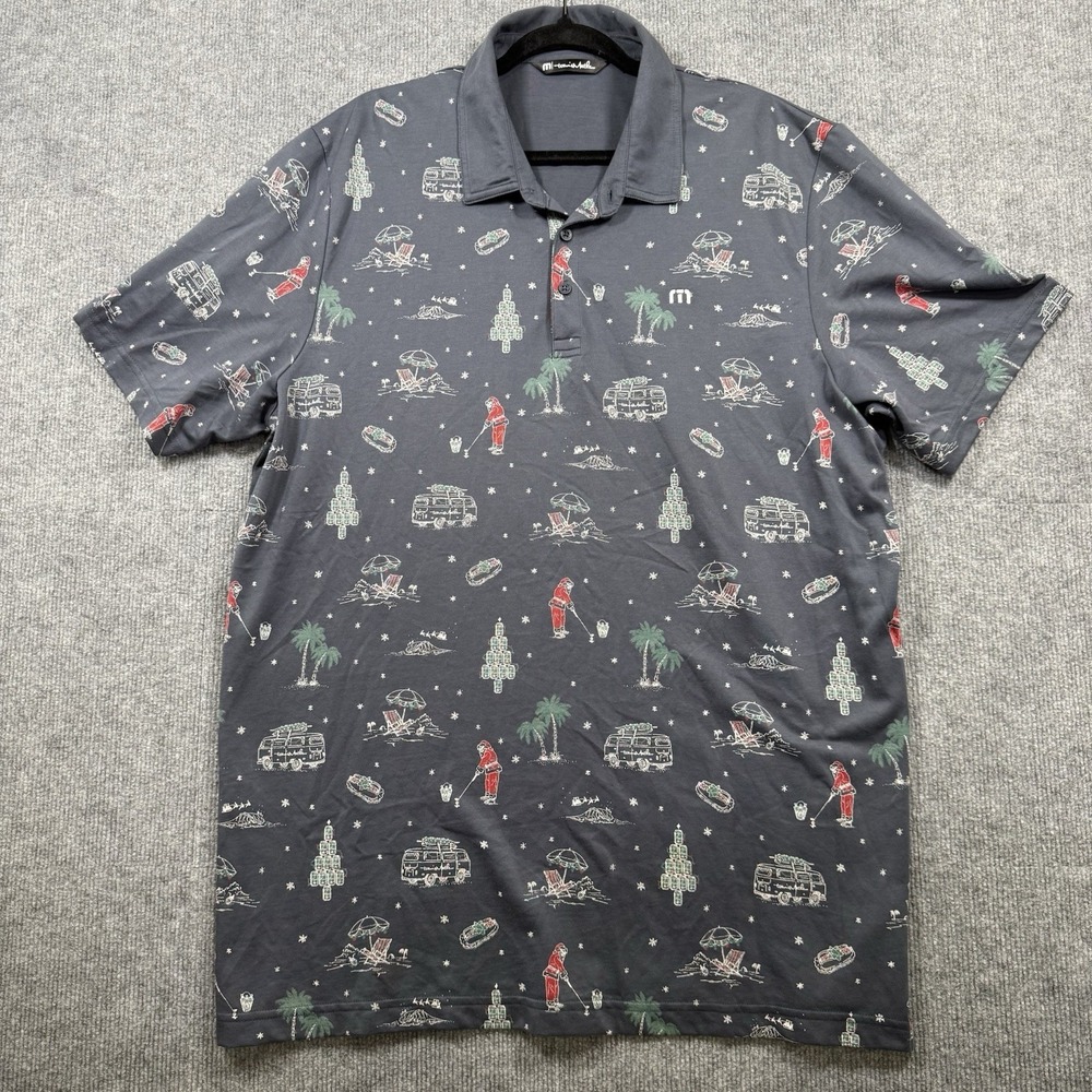 Travis Mathew Men's Polo Shirt Gray Christmas Holiday Golf Santa Print Size XXL - Picture 4 of 8